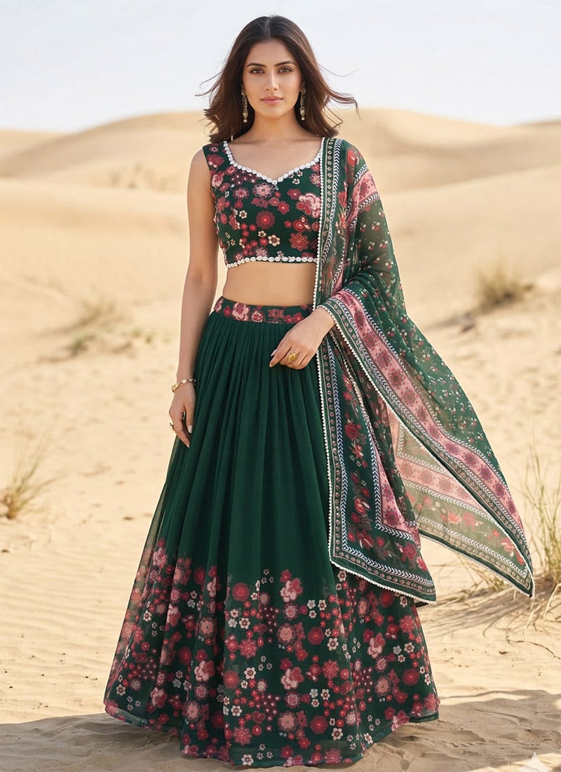 Elegant Green Georgette Digital Print Kodi Work Umbrella Lehenga Festive Wear