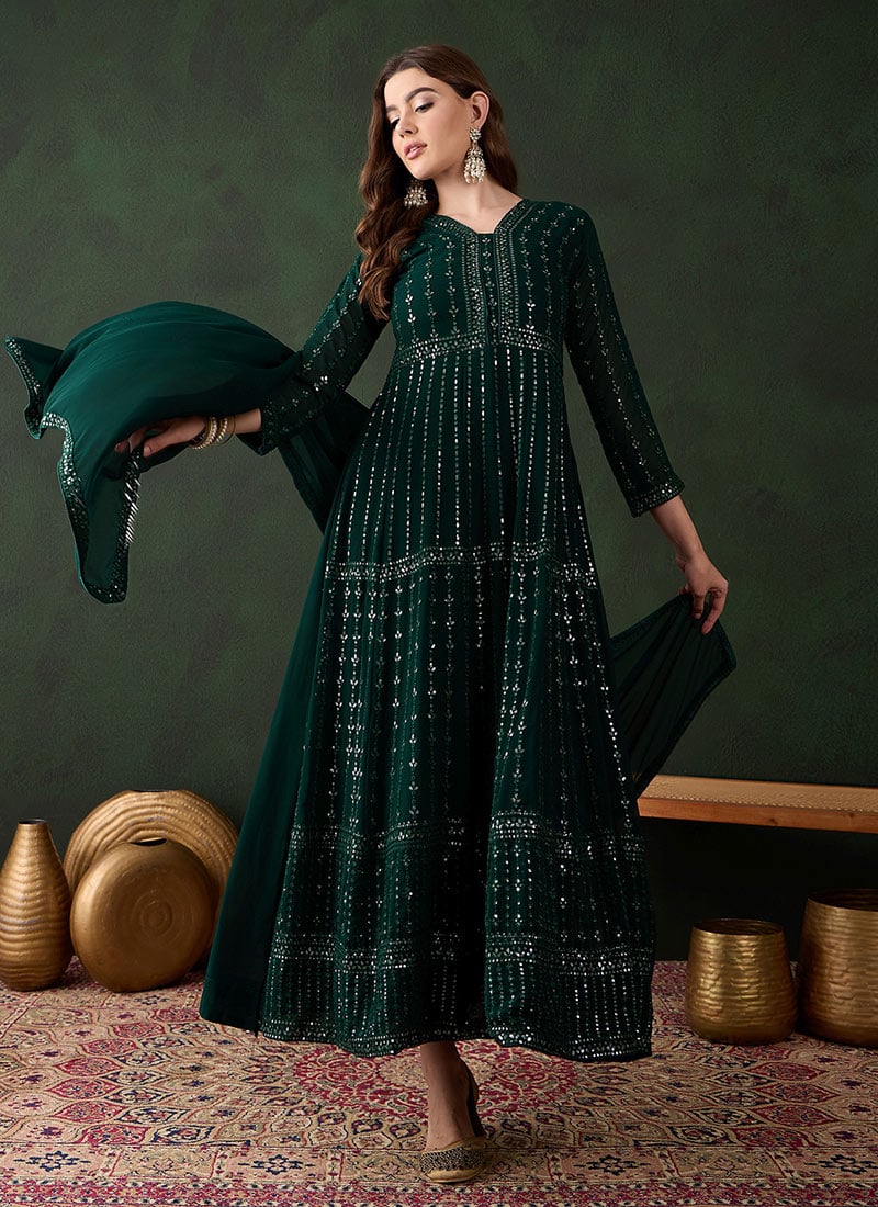 Elegant Green Georgette Embroidered Pakistani Straight Pant Suit Festive Wear