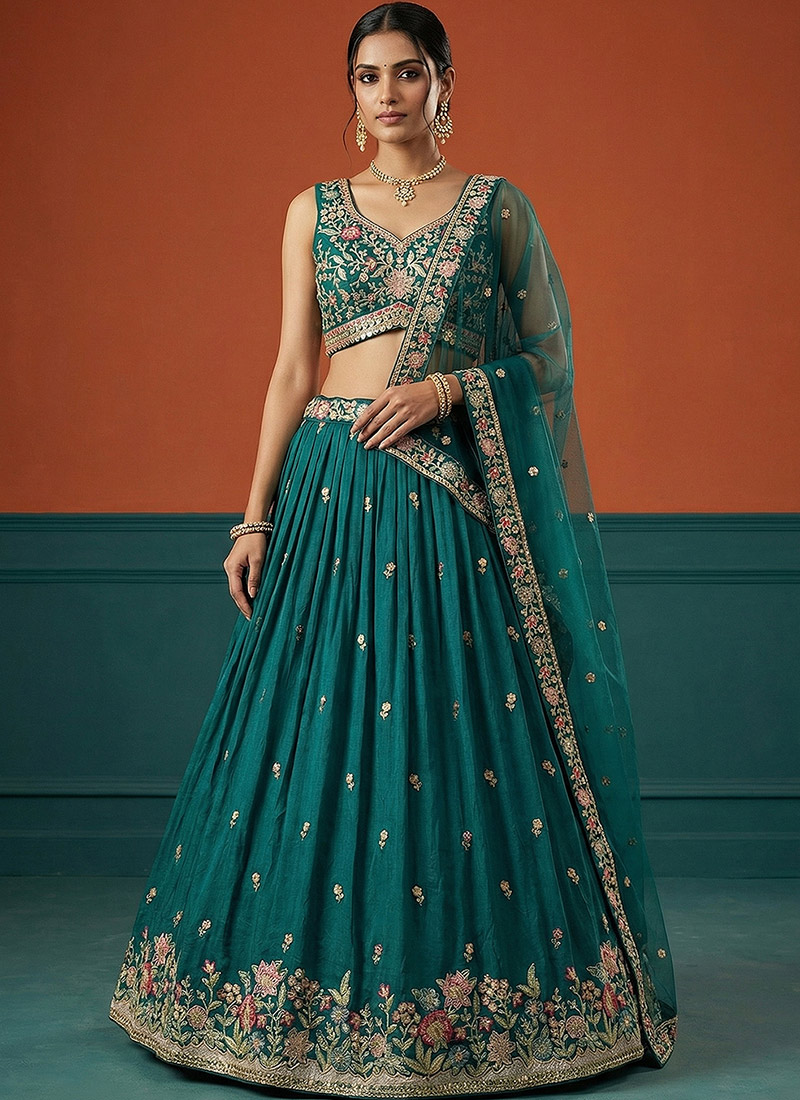 Elegant Green Georgette Embroidered Umbrella Lehenga Wedding Wear