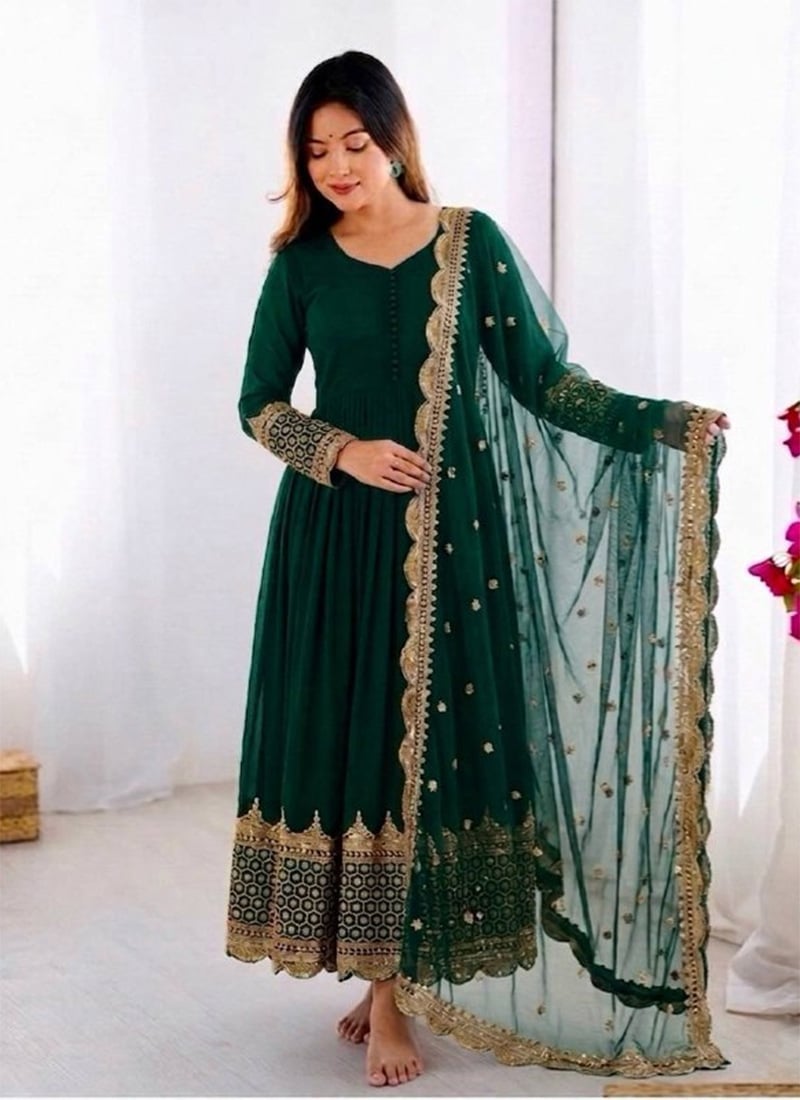 Elegant Green Georgette Sequins Embroidered Anarkali Suit After Six Wear