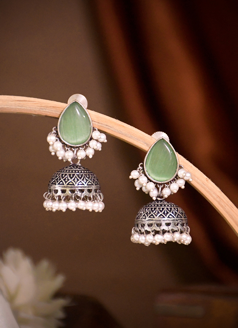 Elegant Green Kundan Beads Oxidised Jhumka Festive Wear