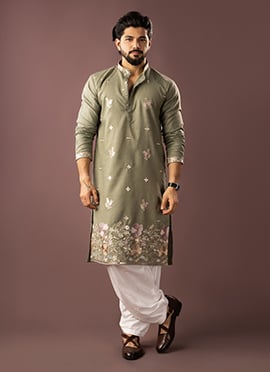 Elegant Green Linen Embroidered Sequins Thread Kurta Pyjama