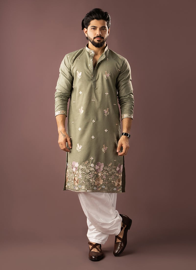 Elegant Green Linen Embroidered Sequins Thread Kurta Pyjama   Festive Wear