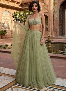 Elegant Green Net Beads Sequins Hand Embroidered Umbrella Lehenga