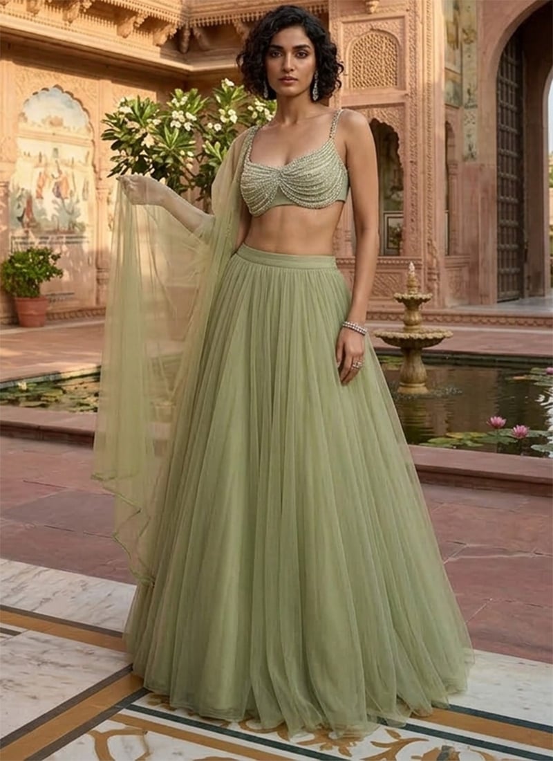 Elegant Green Net Beads Sequins Hand Embroidered Umbrella Lehenga Wedding Wear