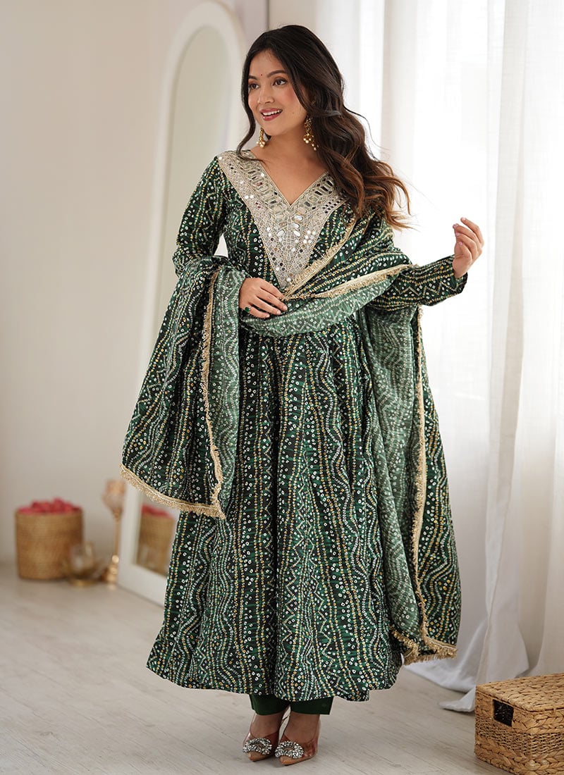 Elegant Green Rayon Bandhani Mirror Work Anarkali Suit Festive Wear