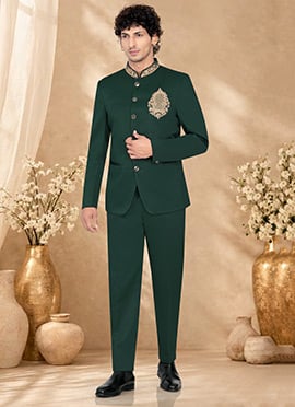 Elegant Green Rayon Hand Embroidered  Bandhgala Suit