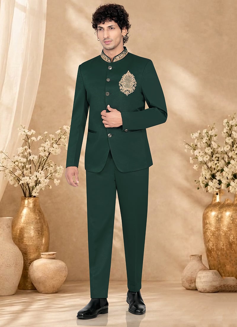 Elegant Green Rayon Hand Embroidered Bandhgala Suit Wedding Wear