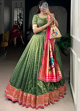 Elegant Green Shimmer Organza Zari Jacquard Woven Umbrella Lehenga