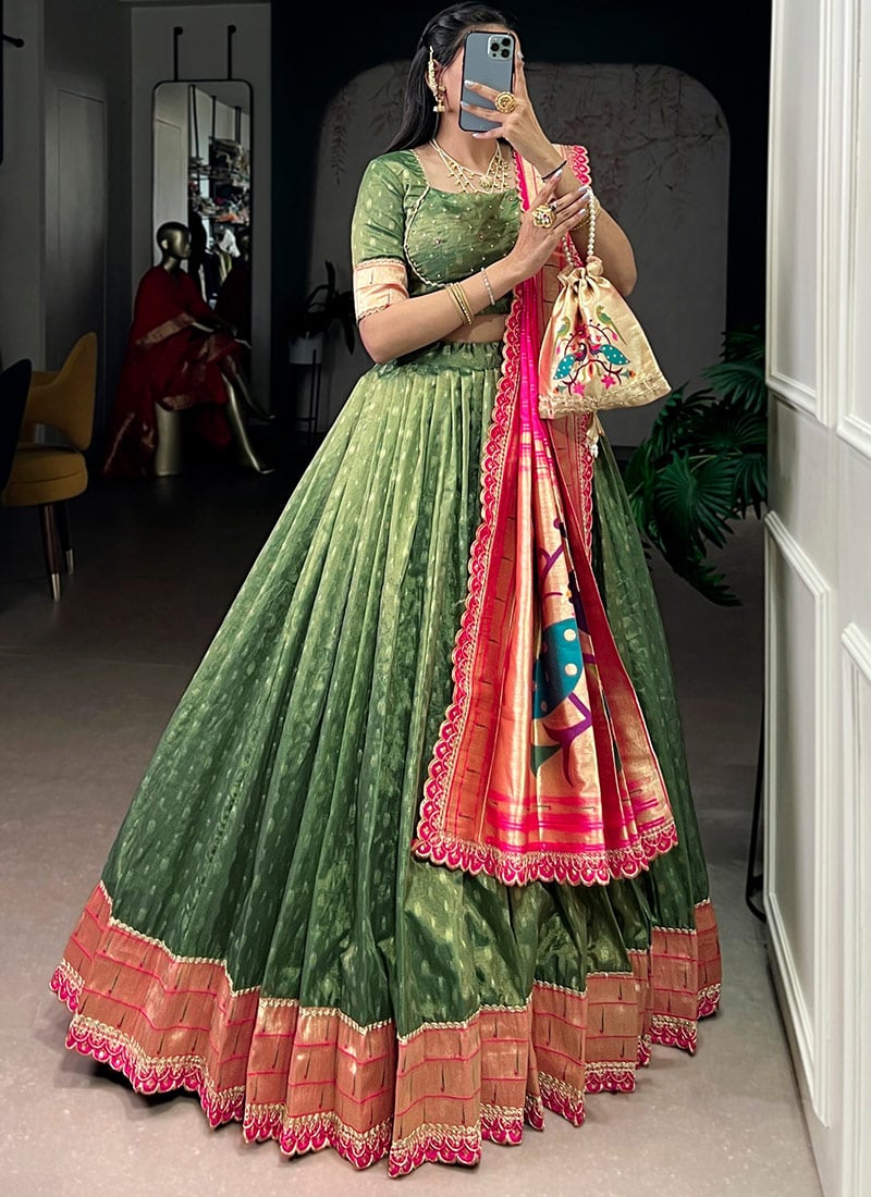 Elegant Green Shimmer Organza Zari Jacquard Woven Umbrella Lehenga Wedding Wear