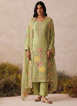 Elegant Green Shimmer Silk Embroidered Sequins Straight Pant Suit
