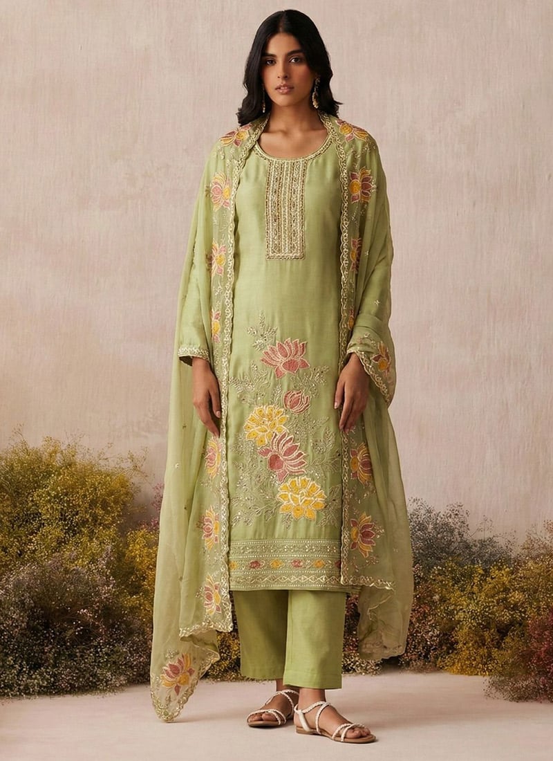Elegant Green Shimmer Silk Embroidered Sequins Straight Pant Suit Festive Wear
