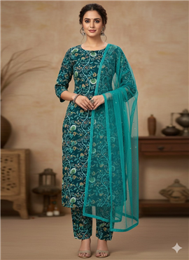 Elegant Green Silk Cotton Suit Set