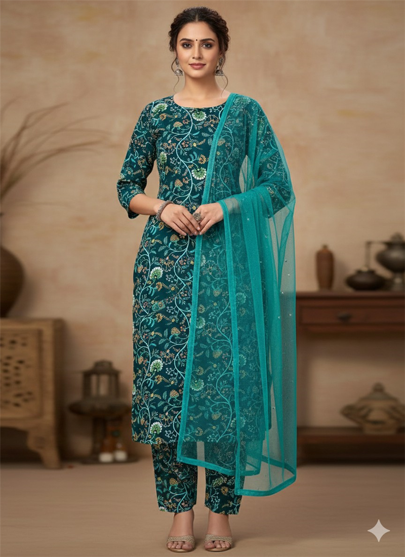 Elegant Green Silk Cotton Suit Set After Six Wear