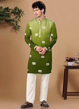 Elegant Green Silk Embroidered Kurta Pyjama