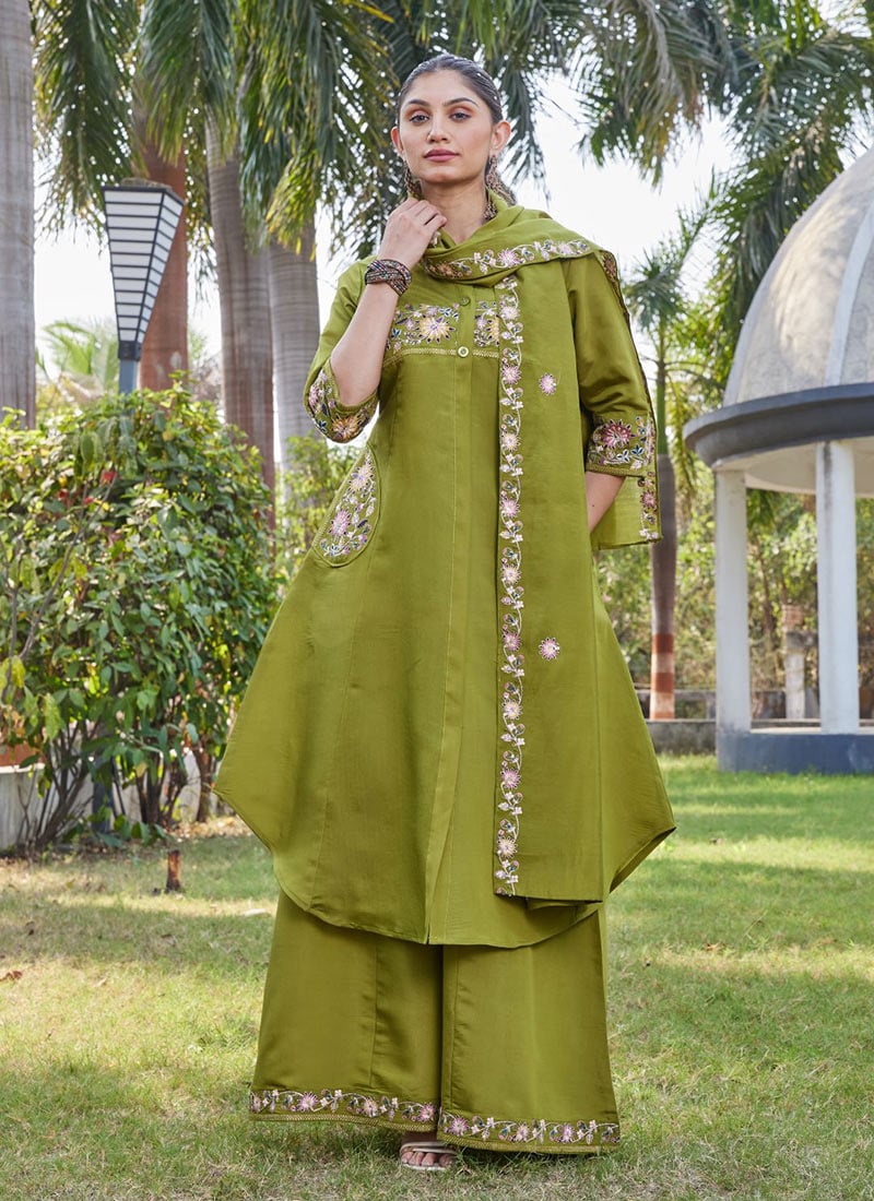 Elegant Green Silk Embroidered Palazzo Suit After Six Wear