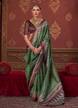 Elegant Green Silk Ikkat Print Saree