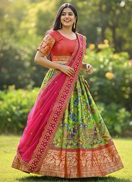 Elegant Green Silk Kalamkari Print Embroidered Zari Beads Umbrella Lehenga