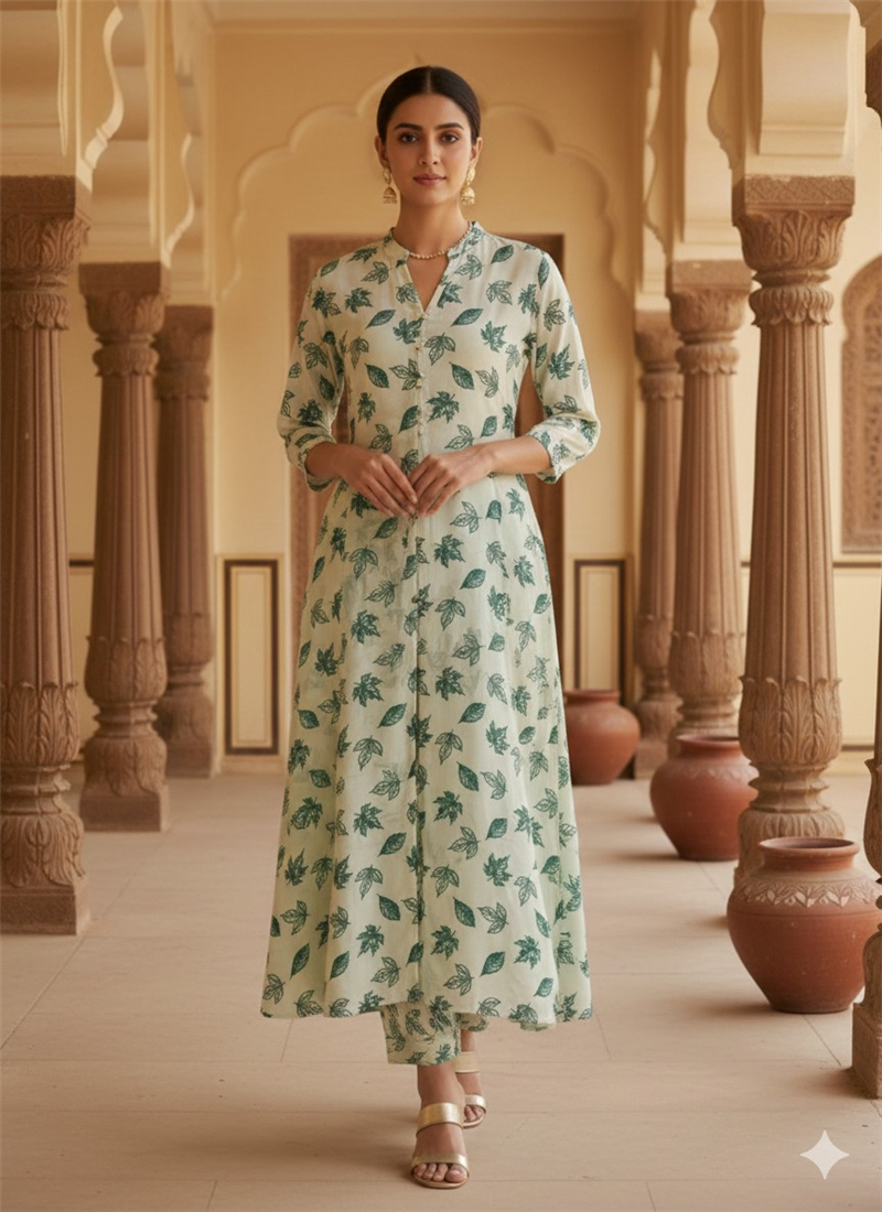Elegant Green Silk Printed Kurta Set  After Six Wear