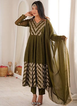 Elegant Green Silk Sequins Anarkali Suit