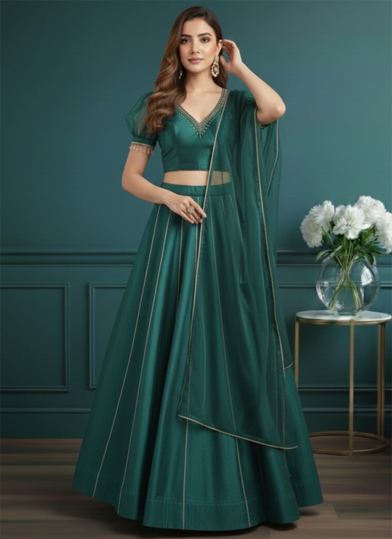 Elegant Green Silk Zari Beads Sequins Hand Embroidered A Line Lehenga Wedding Wear