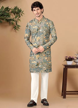 Elegant Green Soft Cotton Sequins Embroidered Printed Kurta Pyjama