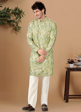 Elegant Green Soft Cotton Sequins Embroidered Printed Kurta Pyjama