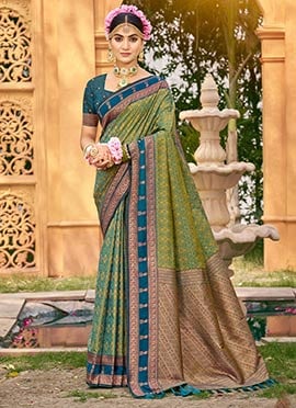 Elegant Green Soft Silk Jacquard Woven Ikkat Print Saree