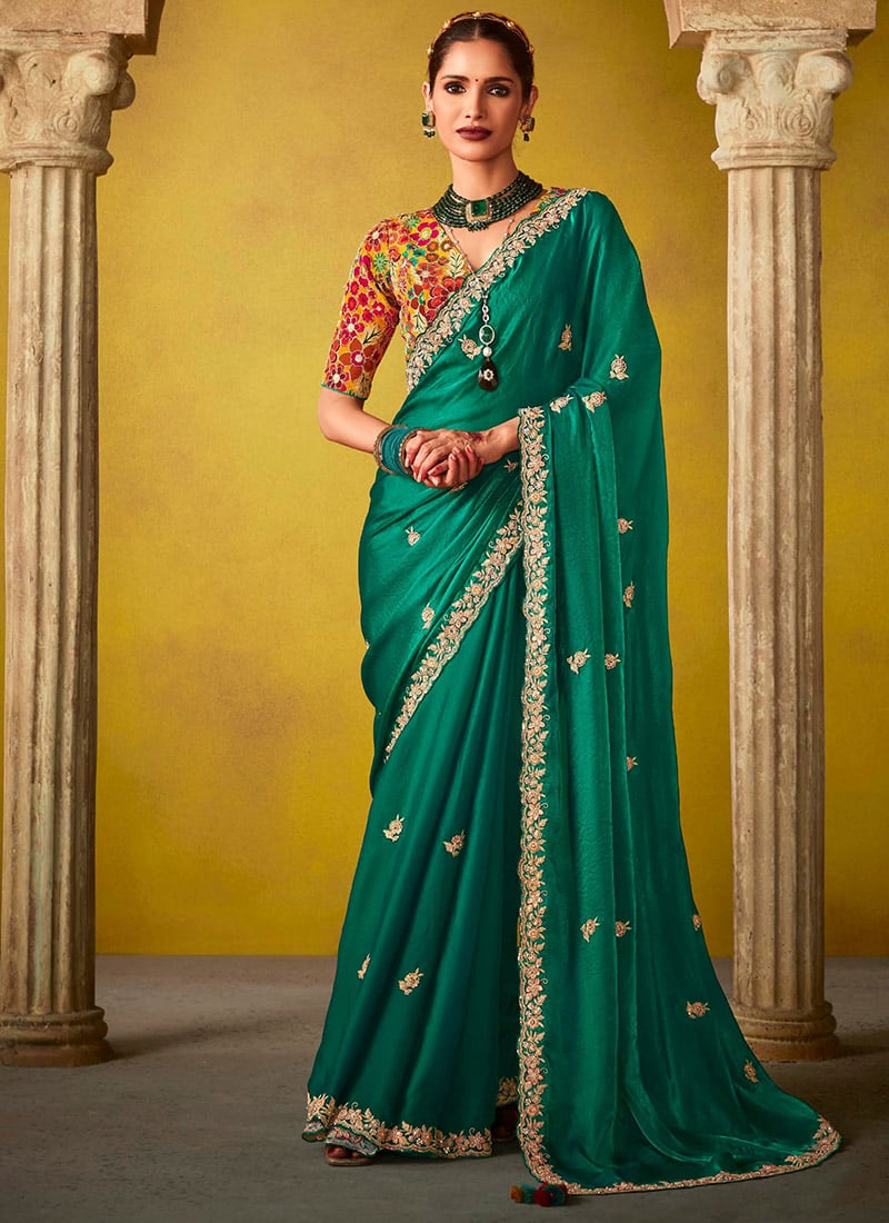 Elegant Green Tissue Silk Embroidered Sequins With Beads Work Saree Wedding Wear