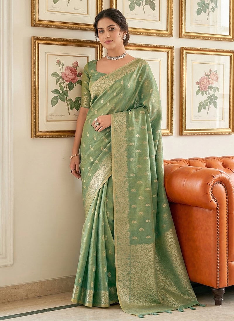 Elegant Green Tissue Silk Jacquard Woven Saree Festive Wear