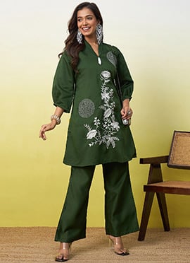 Elegant Green Viscose Embroidered Indowestern Suit
