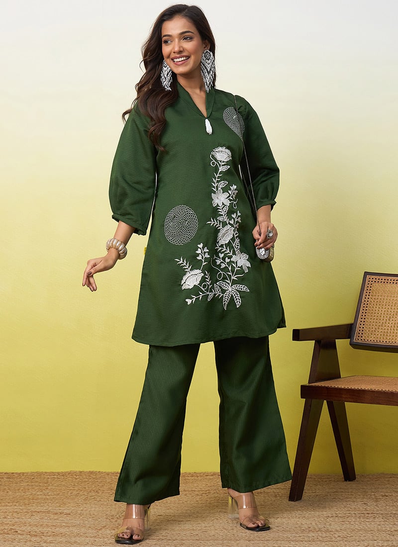 Elegant Green Viscose Embroidered Indowestern Suit Work Wear