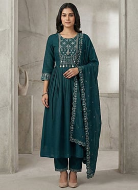 Elegant Green Viscose Roman Silk Embroidered Mirror Work Anarkali Suit