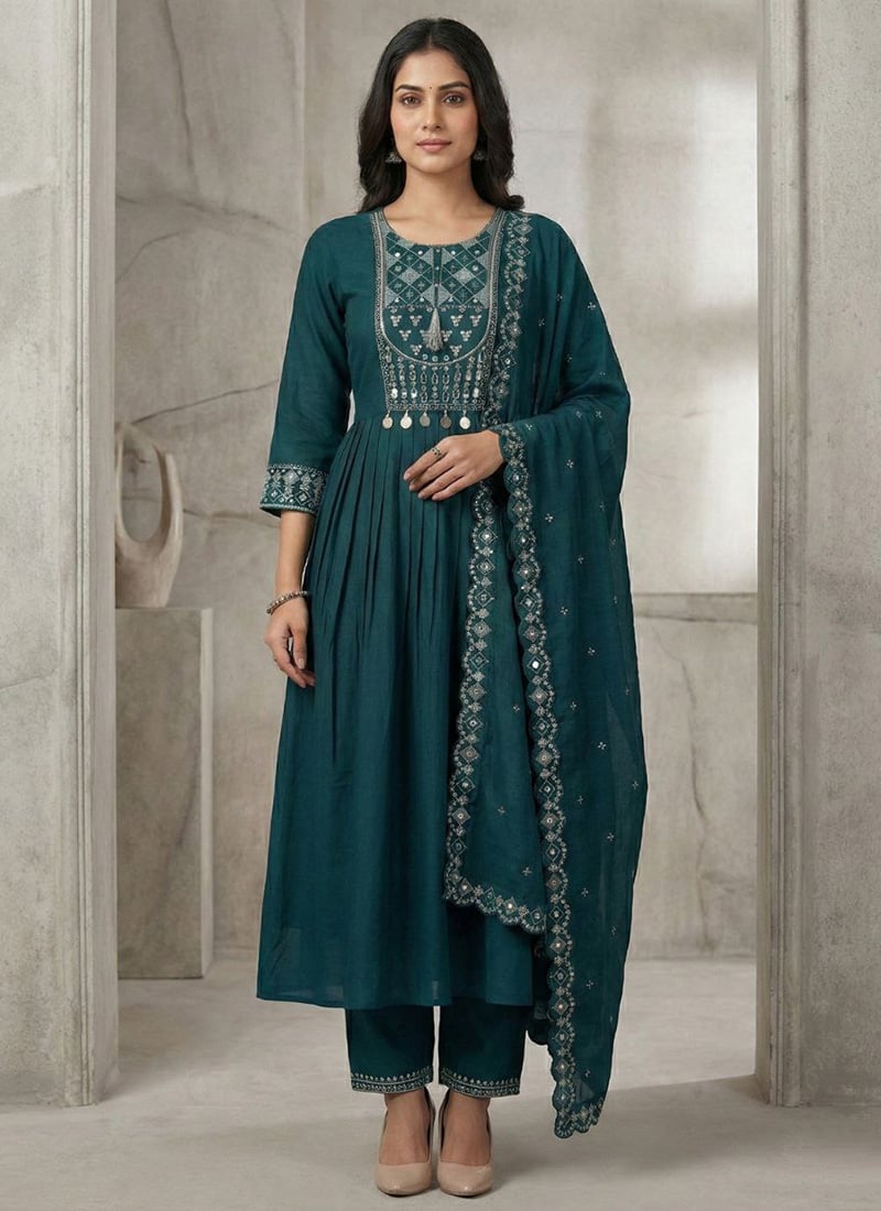 Elegant Green Viscose Roman Silk Embroidered Mirror Work Anarkali Suit Festive Wear