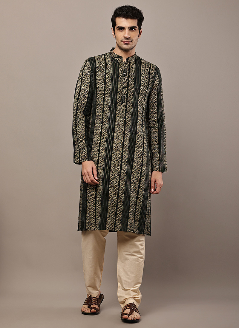 Elegant Green Viscose Silk Ethnic Print Zari Thread Kurta Pyjama Festive Wear