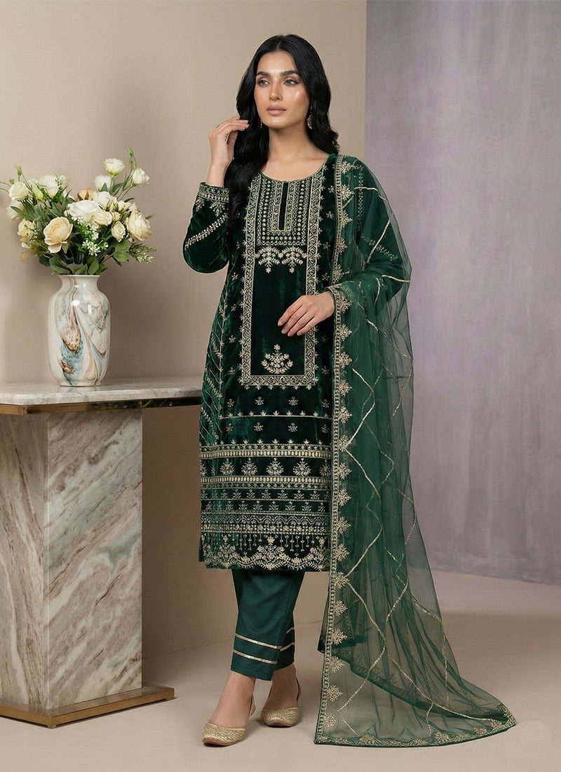 Elegant Green Viscose Velvet Embroidered Straight Pant Suit Festive Wear