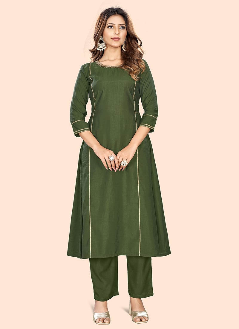 Elegant Green Zari Lace Embossed Kurta Straight Pant Set