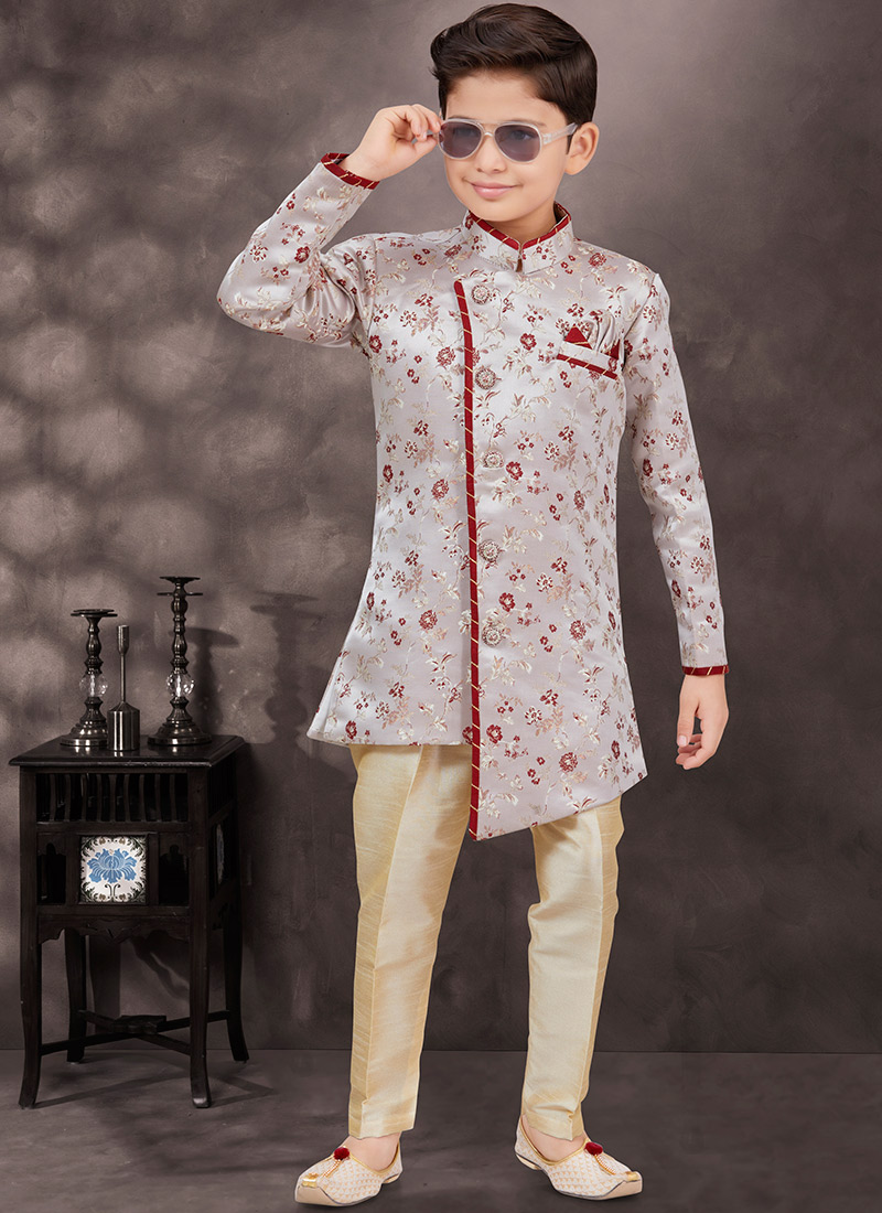 Elegant Grey Banarasi Jacquard Indowestern Sherwani For Little Princes Wedding Wear