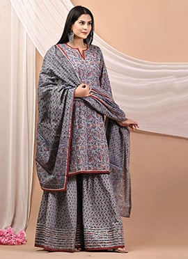 Elegant Grey Blended Cotton Block Print Sharara Suit