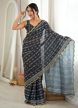 Elegant Grey Chinon Mirror Work Printed Saree
