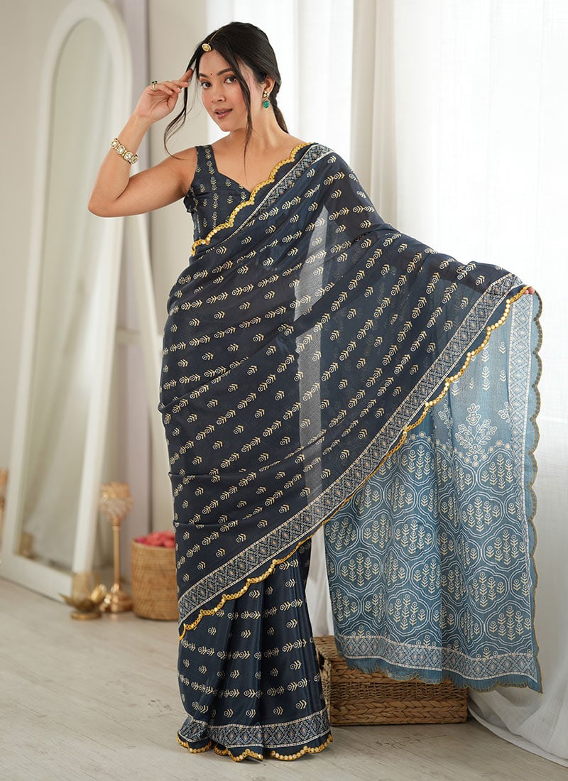 Elegant Grey Chinon Mirror Work Printed Saree After Six Wear