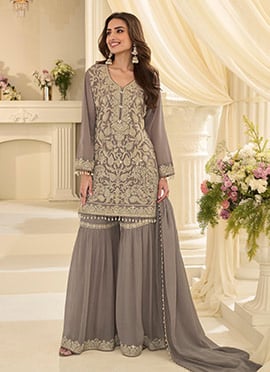 Elegant Grey Georgette Embroidered Sequins Beads Stones Sharara Suit