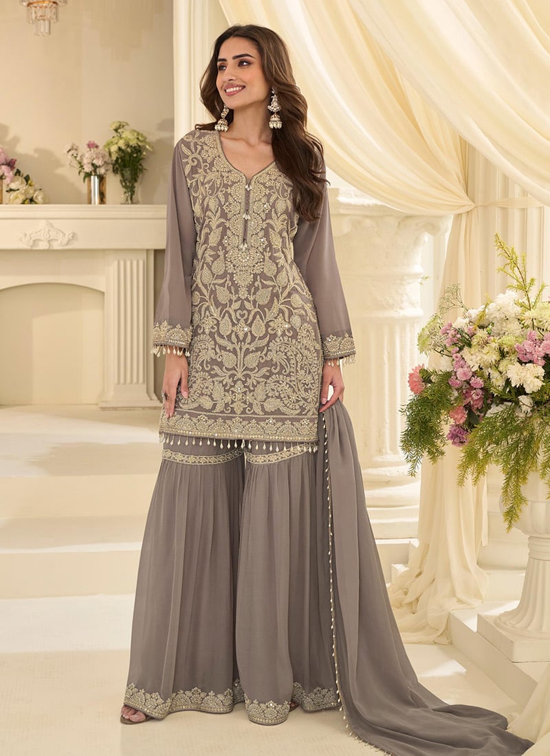 Elegant Grey Georgette Embroidered Sequins Beads Stones Sharara Suit Festive Wear
