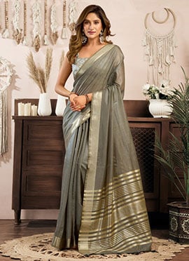 Elegant Grey Khadi Cotton Zari Saree