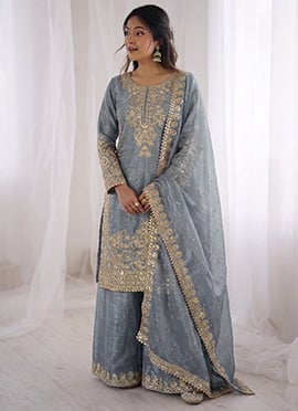 Elegant Grey Organza Silk Embroidered Sequins Moti Palazzo Suit