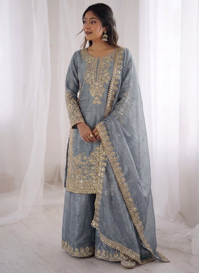 Elegant Grey Organza Silk Embroidered Sequins Moti Palazzo Suit Festive Wear