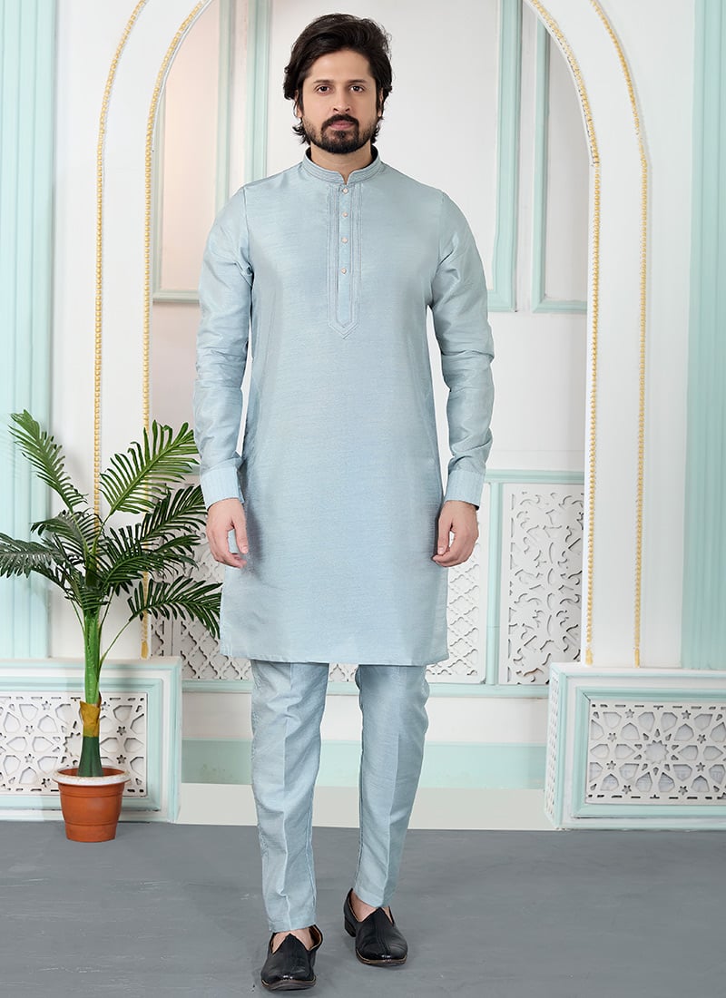 Elegant Grey Silk Kurta Pyjama Festive Wear