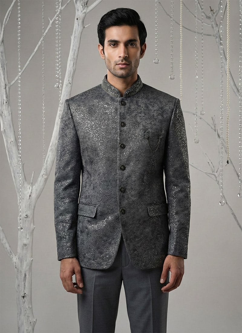 Elegant Grey Suede Sequins Embroidered Bandhgala Suit Wedding Wear