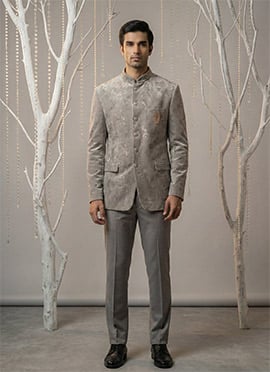 Elegant Grey Suede Sequins Embroidered Thread Bandhgala Suit