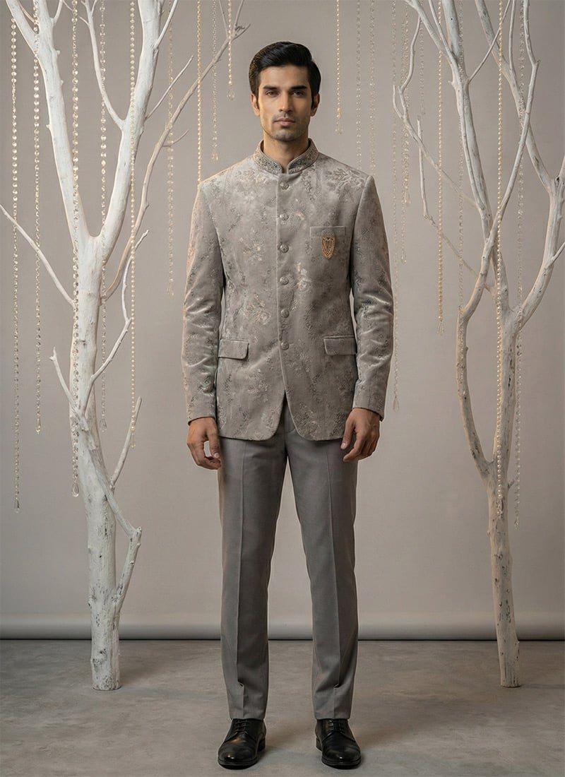 Elegant Grey Suede Sequins Embroidered Thread Bandhgala Suit Wedding Wear